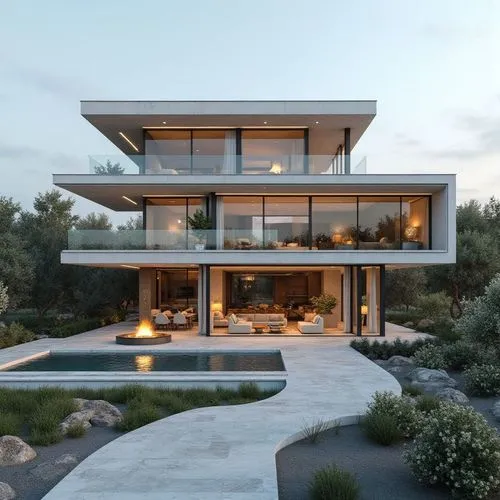 Architecture:
Three-story contemporary modern minimalist luxury villa with three full visible floors, strong horizontal composition, elegant cantilevered volumes, flat roof, clean geometry and timeles