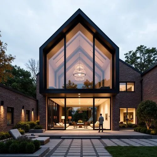 A hyper-realistic, high-resolution architectural photograph of a contemporary luxury home with a dramatic A-frame glass façade, showcasing a soaring vaulted ceiling and warm interior lighting. The str