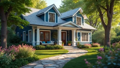 Regionalism style home, blue accented exterior walls, white windows with ornate wooden shutters, sloping roof with blue grey tiles, lush greenery surrounding the house, tall trees providing shade, war
