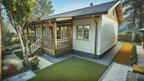small modern house surrounded by a garden.
 Gray roof.,the porch and stairs of this modern log cabin are very nice,inverted cottage,small cabin,prefabricated buildings,small house,wooden decking,prefa