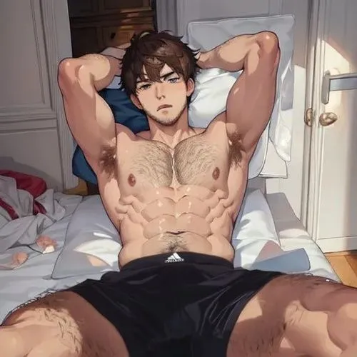 adidas,a man laying on a bed with his shirt off,hunk,hotel man,jun,jean,hunkering,room boy,musclebound,kook,lee,prosciutto,ken,muscle angle,nosebleed,bed,bf,chesty,baseball player,shirtless,jerking,mu