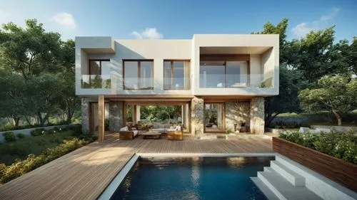 Una casa moderna en un entorno natural. La vivienda tiene una estructura de piedra y madera con un techo inclinado y amplios ventanales. En el exterior, hay una piscina elevada con borde infinito y un