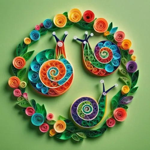 Craft illustration of two quilled colorful snails, on a green background, artisanal cartoon style, evoking cute art,,two colorful snails are next to each other with leaves,wreath vector,colorful spira