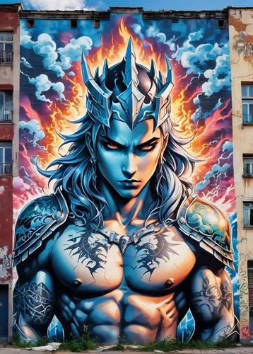 ((mefisto num lindo lugar numa pose sensual, pintada num mural de um prédio)). Sunset and lightning with lots of dragons.This transformation is captured in high-definition. Surrounding iridescent bodi