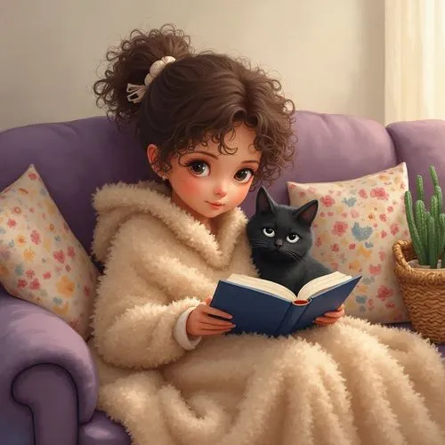 Cute girl and cat sitting on a couch, reading a book,  cozy watercolor style.  Young girl, light skin,  pre-teen or early teen age range,  wearing a  fluffy, light brown oversized blanket,  styled swe