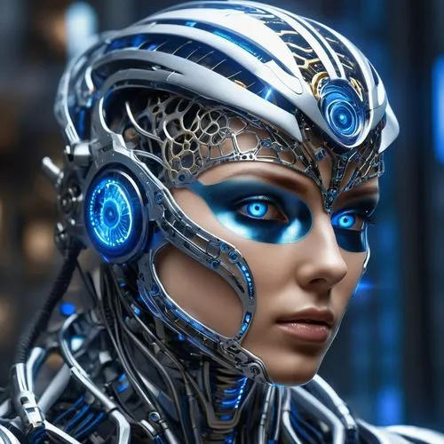 The Mythical Warrior. A labyrinth of microscopic machinery—neural filigree, fractal joints, and chrome veins pulsing with data. Every surface reveals nested gears, holographic HUD scars, and biomechan