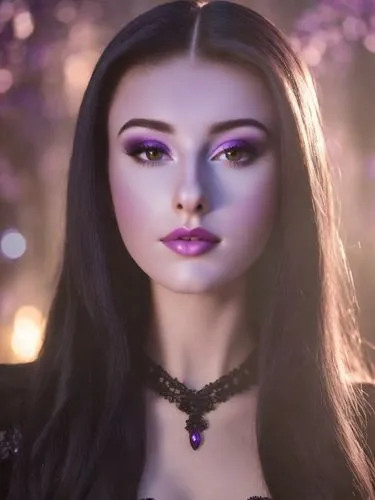Beautiful lady dressed up as Morticia Addams for Halloween, with black hair, gothic vamp purple makeup, night, photorealistic,a woman wearing an elaborate necklace and purple makeup,doll's facial feat