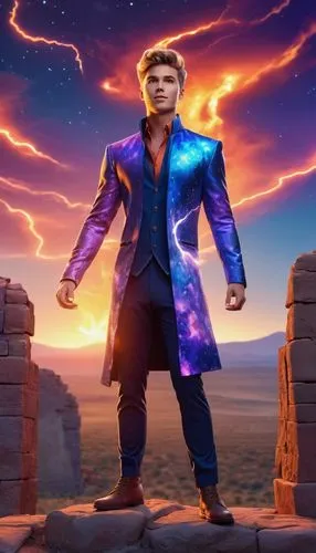 portrait shot man vivid quirky high fashion lightning portrait illusory landscape firey sunset range of colors standing on the edge of ancient ruins at earthrise starry skies before heaven astral phot
