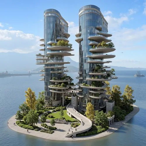 a city that has some tall buildings near the water,seasteading,futuristic architecture,penthouses,bjarke,artificial islands,batumi,huzhou,cube stilt houses,hotel barcelona city and coast,residential t