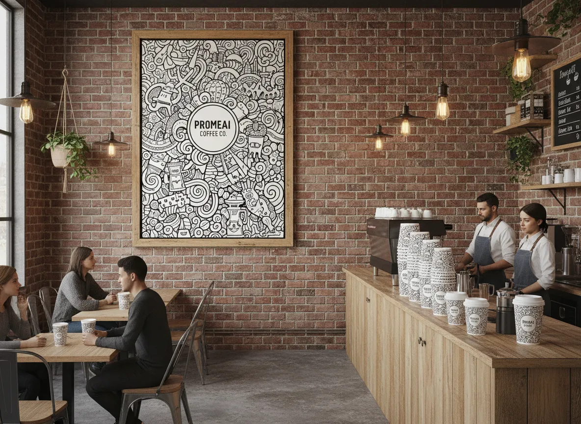 Un mockup dell'interno di una caffetteria che mostra un grande poster a parete e tazze da caffè personalizzate con un tema coerente di Doodle Art creato con PromeAI.