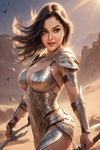 The powerful figure of a muscular warrior stands on a barren desert, her muscles rippling as she struts with the power of her sword. Her muscular armor cascades as the bright sunlight catches the eye.