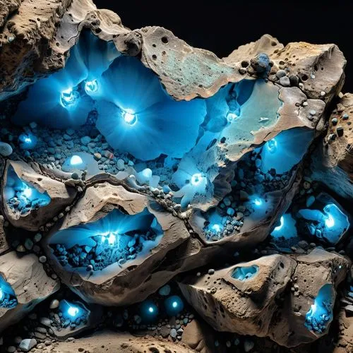 roccia spaccata nera con all'interno minerali blu fluorescenti ,a rock covered in many different rocks and blue lights,blue caves,blue cave,the blue caves,apatite,tektite,fumarole,blue slag,solidified