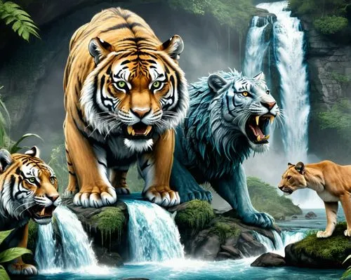 an ethereal, fantasy scene with three fantastical animals in the foreground, each with unique stories and detailed portrayal, the central character is a bear with a green head and white body, while on
