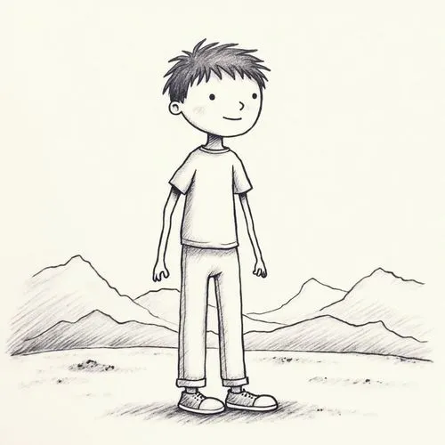 "A hand-drawn cartoon-style full-body character standing in front of distant mountains. The character is a young male, with a slightly oversized head and simplified anatomy typical of childlike art. H