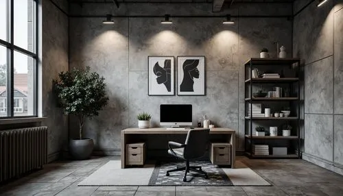 Monochromatic brutalist home office, rough-hewn concrete walls, rugged stone floors, industrial metal shelving, reclaimed wood accents, minimalist desk, ergonomic chair, abstract artwork, geometric pa