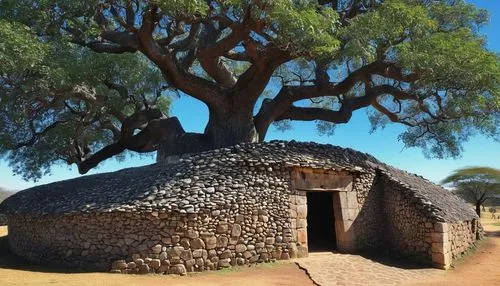 Zimbabwean traditional architecture, Great Zimbabwe ruins, ancient stone walls, intricate carvings, curved entrance, thatched roof, wooden door, rusty hinges, weathered stones, savannah landscape, aca