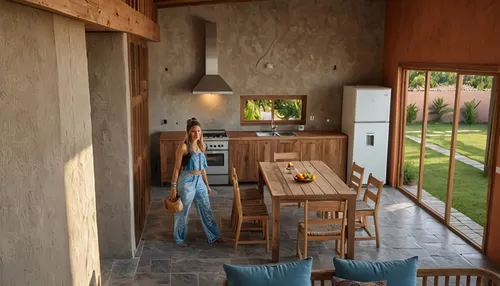 mejorar la imagen a hiperrrealismo,a woman standing next to a kitchen and dining room table,outdoor table and chairs,breakfast room,outdoor dining,patios,loggia,barbecue area,patio,chalet,garden furni