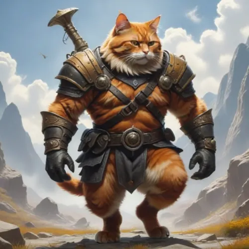 a painting of a cat with some kind of costume,cat warrior,garrison,outfox,orange tabby cat,orange tabby,red tabby