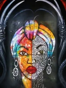 Distorted, Giger Style, DARK Fantasy, Horror art,a painting on the side of a wall of a black woman's head,african art,african woman,african culture,africano,glass painting,africana