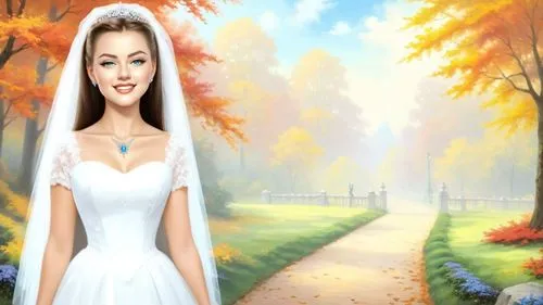 Romantic masterpiece oil painting, 1950's kitsch style, Autumn park path, bridal veil, high res, by Thomas Kinkade, by Bob Ross,a lady standing in front of a painting,autumn background,cartoon video g
