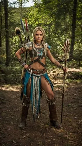 a woman standing in the woods with arrows,female warrior,warrior woman,tribal,shaman,ancient costume,barbarian,shamans,tribal arrows,tribes,shamanic,indigenous culture,amazonian,druid,tribesman,native