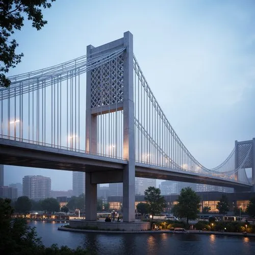 Sleek suspension bridges, futuristic cable-stayed structures, aerodynamic arches, cantilevered roadways, metallic latticework, gleaming silver surfaces, LED lighting systems, misty atmospheric effects