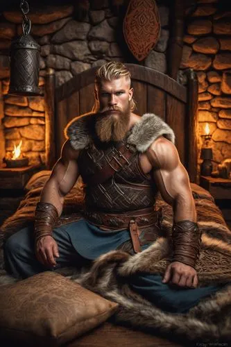 Viking themed bedroom, muscular man, barbarian, fur rug, wooden bedframe, intricately carved Viking patterns, animal hide blankets, torches, stone walls, wooden chest, metal armor, swords, shields, No