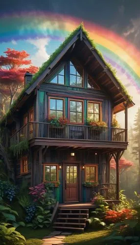 A detailed 3D render: An intricate vision showcasing a fantastical narrative; a wooden-housed cabin with a mystical exterior stands tall, its interior filled with plants and trees; then, a large windo