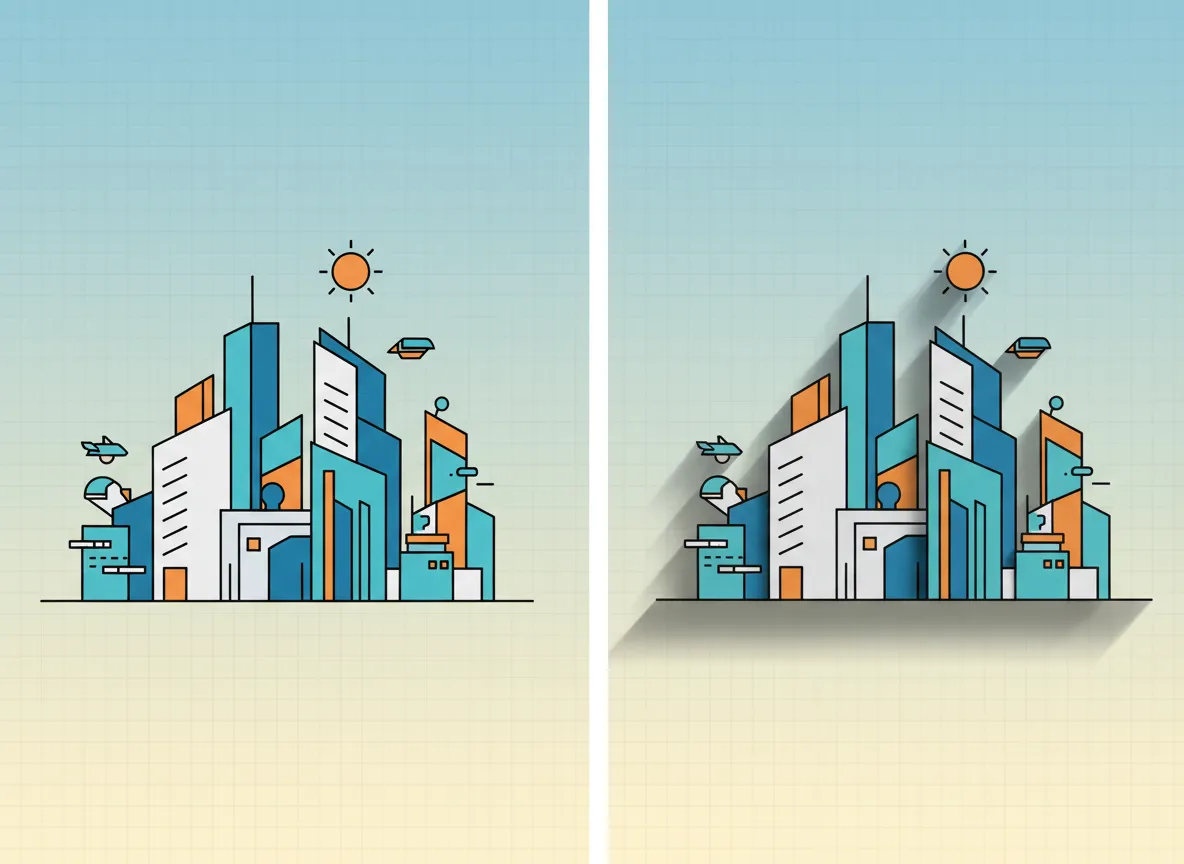 Ein direkter Vergleich, der eine flache Vektorillustration neben einer PromeAI Origami Layered Version mit satten Schatten und einem 3D-Effekt zeigt.