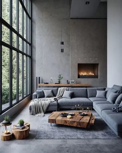 an image of living room setting with large couch,minotti,modern minimalist lounge,modern living room,modern decor,fire place,contemporary decor,Photography,General,Realistic