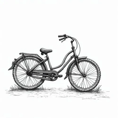 A black and white ink drawing of a classic-style bicycle, rendered with a slightly sketchy, hand-drawn aesthetic. The bicycle is shown in a three-quarter view, angled slightly to the right. The bicycl