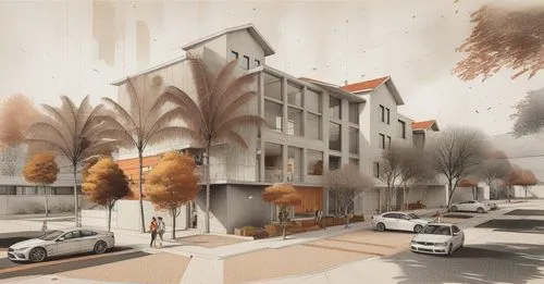 a painting of an apartment complex with trees and a street corner,facade painting,redevelopment,render,urban design,redevelop,rendered,apartment building,urban landscape,apartment block,maisonettes,re