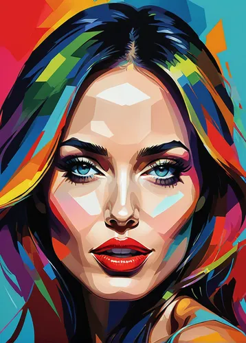 A closeup of a painting of a woman, Portrait of Megan Fox, WPAP, Color film art, angelina jolie, Vector Art Style, "angelina jolie, Vector Art, Vibrant Fan Art, Face of angelina jolie, Multicolored ve
