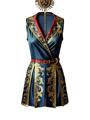 a dress with gold and blue detailing on the neck,folk costume,battledress,ancient costume,matador,dark blue and gold,royal blue