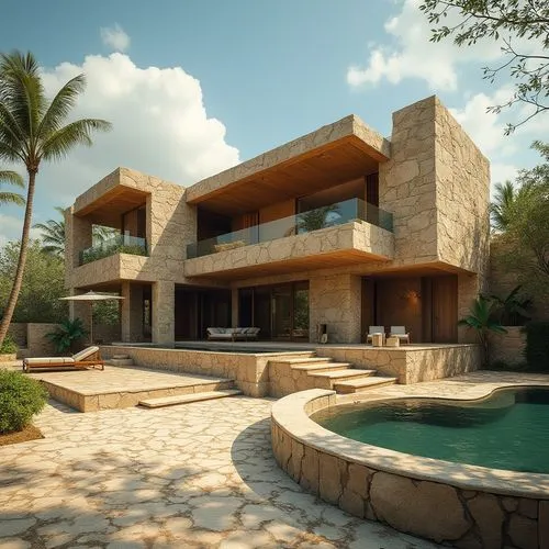 Design a villa influenced by Mayan architecture, using carved stone, earthy tones, and layered terraces.,a large swimming pool next to the side of a building,3d rendering,dunes house,modern house,luxu