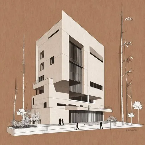 Hand-sketched pencil drawing of an apartment facade on aged paper. The sketch is expressive yet detailed, capturing architectural aesthetics. Around the edges, scattered phase-two details and construc