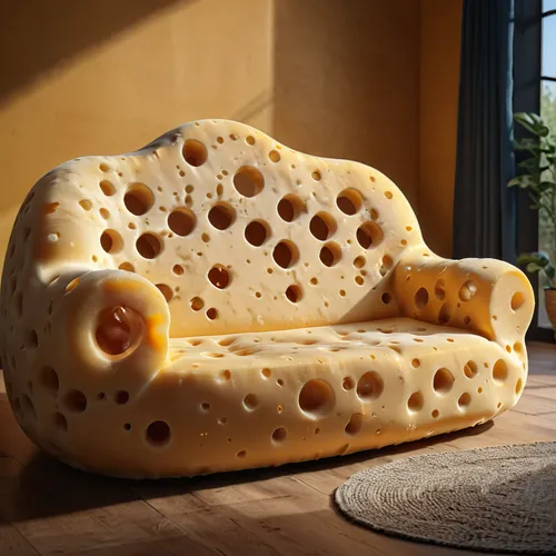 a Cheese 🧀 shaped sofa from real cheese with big holes, photorealistic, 8k,grana padano,parmigiano-reggiano,pecorino romano,wheels of cheese,danbo cheese,mold cheese,pecorino sardo,chaise longue,emme