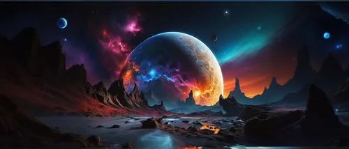 this is an image of a futuristic landscape,alien planet,space art,alien world,panspermia,fire planet,futuristic landscape,nebulos,sci fiction illustration,auroral,fantasy picture,fantasy landscape,pro