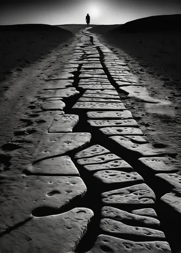 A mysterious journey: Footmarks on the deserted path lead to an ancient tomb.,sand road,tire track,road of the impossible,the way,the path,desolation,road to nowhere,traces,arid landscape,andreas cros
