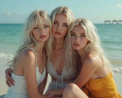 Extremely amazing chiaroscuro portrait of three fashion model at the beach on elegant pose and sitting on the floor. Scene is telephoto and panoramic with youthful innocence age. blue eyes. white lips