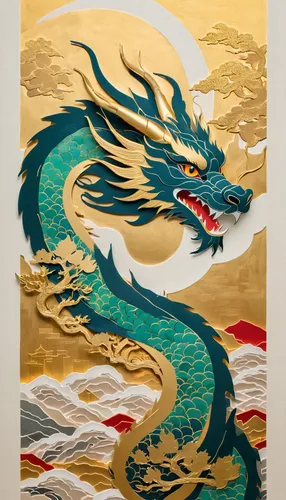 paper cuts dragon, gold thin line, Chinese painting, meticulous painting, oriental minimalism, poetic, Sichuan, China, close-up, gradient, golden buildings, ,chinese dragon,cool woodblock images,golde