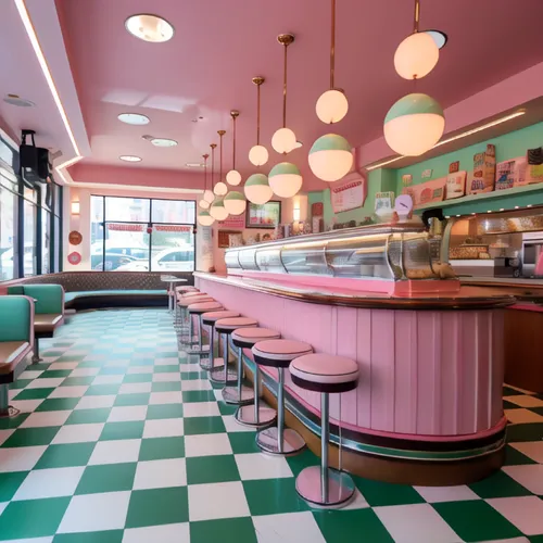 retro diner,ice cream parlor,ice cream shop,soda shop,soda fountain,fifties,pastry shop,pink ice cream,cake shop,candy bar,soft serve ice creams,yolanda's-magnolia,50's style,frozen yogurt,salt water 