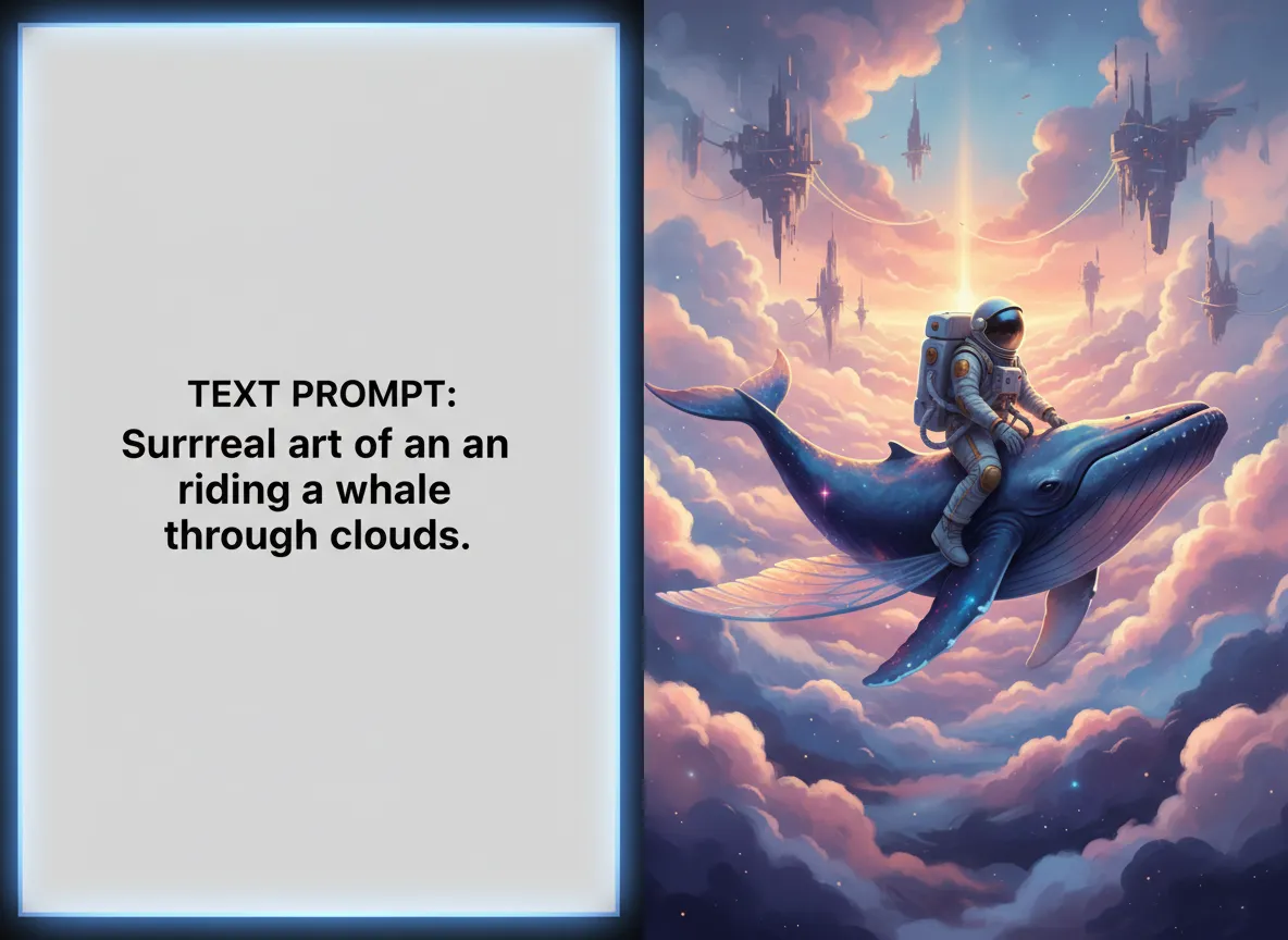 एक डिप्टिक जिसमें एक तरफ टेक्स्ट प्रॉम्प्ट और दूसरी तरफ बादलों के बीच व्हेल की सवारी करते एक अंतरिक्ष यात्री की परिणामी AI-जनित अतियथार्थवादी कला दिखाई गई है।