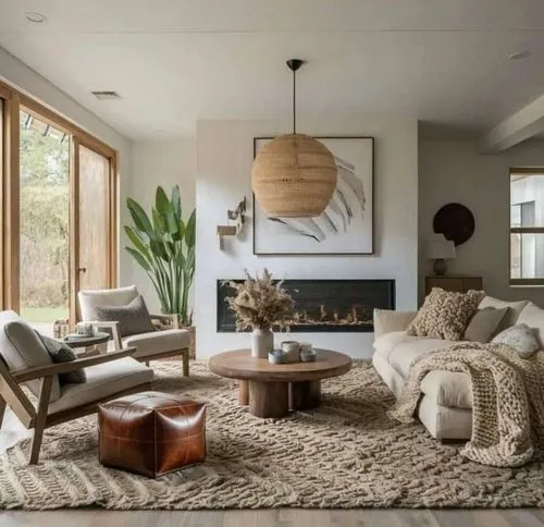 brown leather ottoman,an elegant living room with wooden floors and white walls,mid century modern,family room,living room,modern living room,contemporary decor,interior modern design