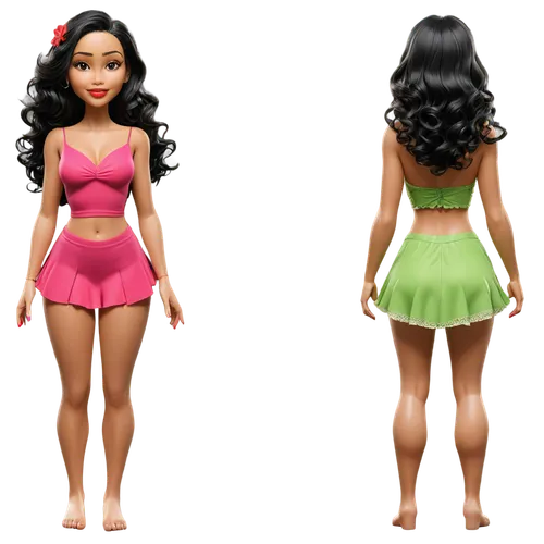 Create only high resolution images, pixar 3d, 4k, character sheet style, like a paper doll, A pose style. She must be wearing a hot pink A-line skirt in light and vaporous chiffon with ruffles, a tran