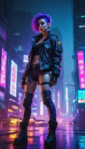 Cyberpunk cityscape, futuristic skyscraper, neon lights, rule 34 poster, giant advertisement screen, anime-inspired AI robot girl, purple hair, blue eyes, mechanical limbs, leather jacket, ripped jean