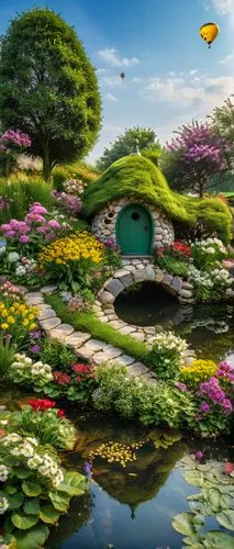 Bee house, small stone pond, balloon shape house, flowers are blooming, ,dubai miracle garden,garden pond,nature garden,lily pond,lotus pond,fairy world,flower garden,japan garden,pond flower,fairy vi