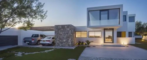 Arquitectura moderna, con detalles de elegancia y calidez,there is a car parked in front of a modern building,modern house,fresnaye,modern architecture,cube house,smart home,vivienda,dunes house,cubic
