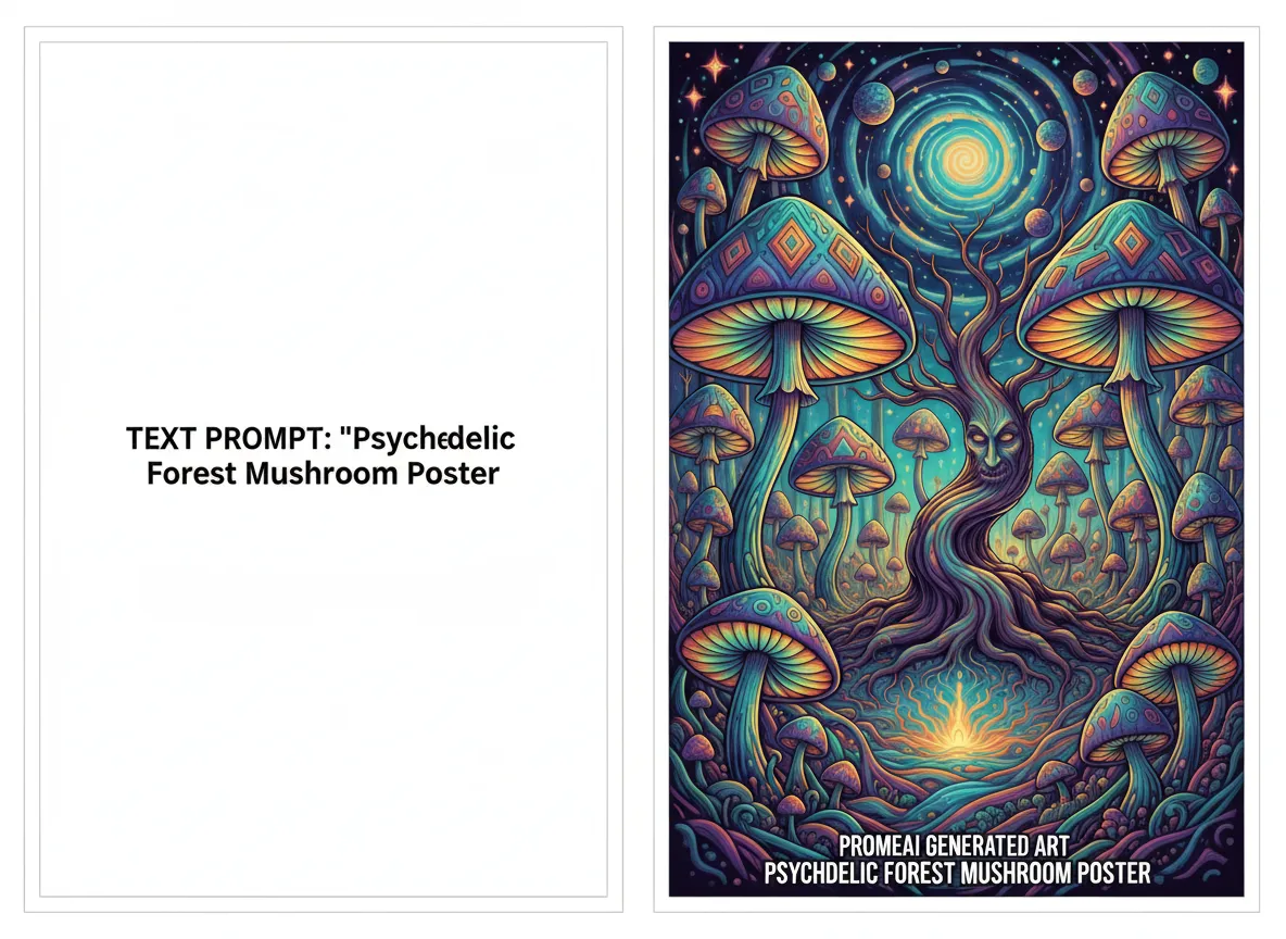 एक सरल टेक्स्ट प्रॉम्प्ट और उससे PromeAI द्वारा बनाए गए जटिल, साइकेडेलिक पोस्टर आर्ट को दिखाने वाली साथ-साथ तुलना।