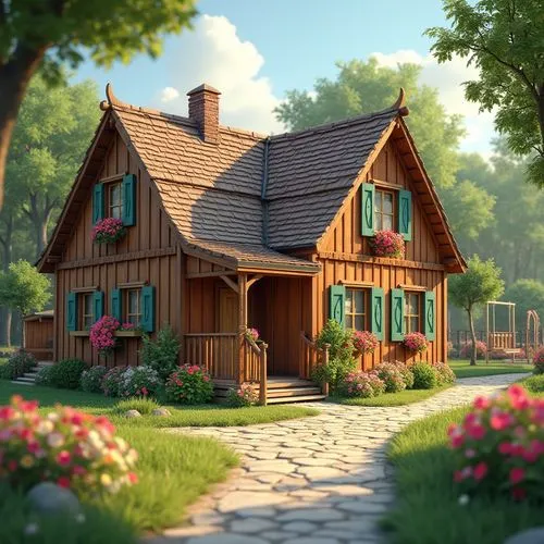 Rustic kindergarten building, regionalism style, wooden structure, pitched roof, chimney, colorful windows, flower-patterned curtains, natural material texture, cozy atmosphere, surrounded by lush gre